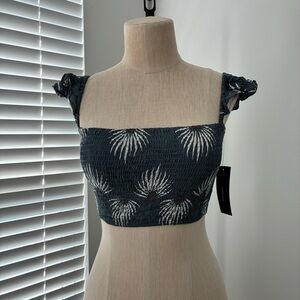 NWT Lulu's Trancoso Dusty Blue Floral Print Smocked Cropped Tank Top